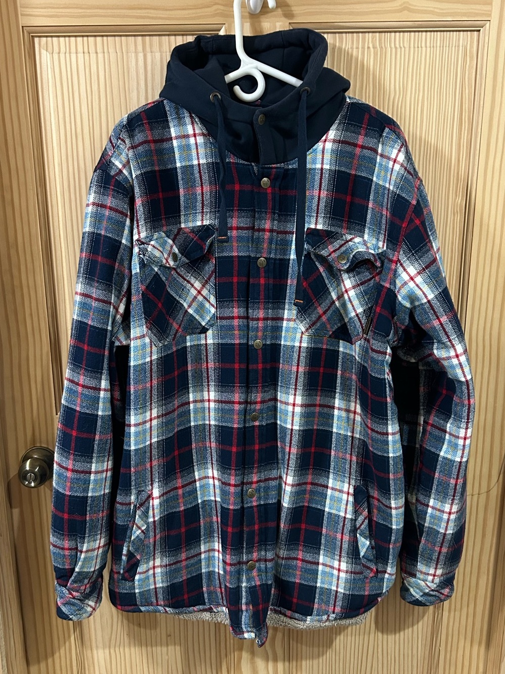 Legendary Whitetails Navy and Red Plaid Hooded Puffer Jacket - Mens